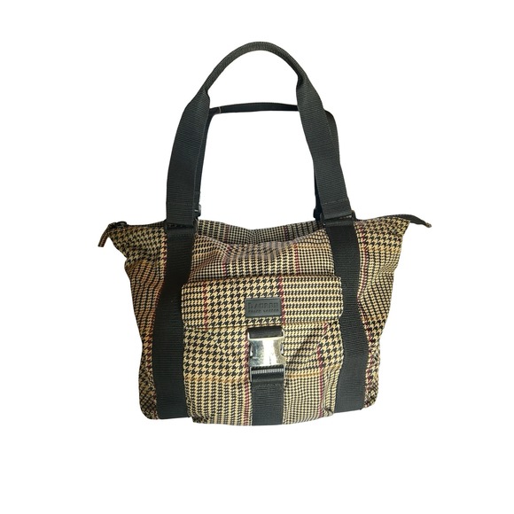 Lauren Ralph Lauren Handbags - Lauren Ralph Lauren Houndstooth Nylon Tote Bag Tan Black Red Buckle Shoulder Bag